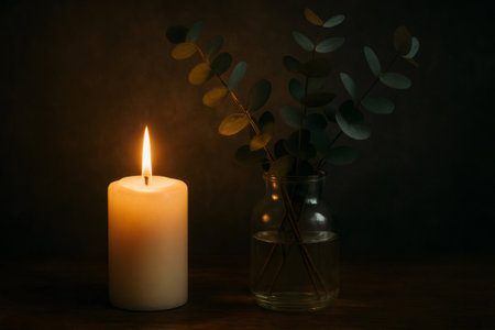 Eucalyptus branches in a glass vase illuminated by a burning candle create a cozy and relaxing atmosphereの素材
