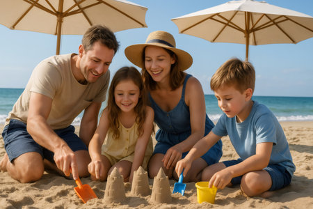 Family enjoying a sunny day at the beach, happily building a sandcastle together, creating joyful memories during summer vacationの素材