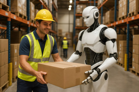 Smiling warehouse worker passing a cardboard box to a humanoid robot, showcasing collaboration and automation in logisticsの素材
