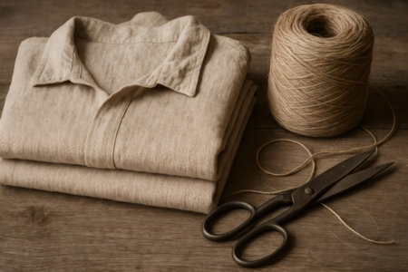 Folded linen shirt, scissors and a ball of twine creating a cozy craft or tailoring scene on a wooden tableの素材