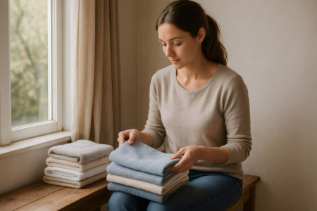 Housewife folding clean towels while sitting by a window, enjoying the natural light in a cozy and comfortable home environmentの素材
