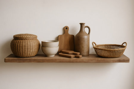 Wooden shelf displaying kitchenware such as ceramic bowls, wicker baskets, wooden cutting boards and a stoneware bottle, creating a rustic and minimalist atmosphereの素材
