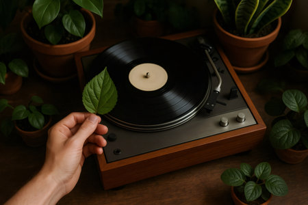 Hand holding a leaf on a vintage vinyl record player surrounded by houseplants, celebrating the connection between music and natureの素材