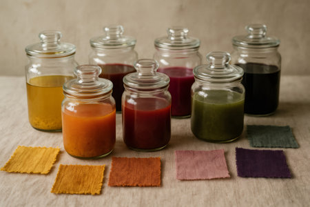 Jars filled with vibrant natural dyes alongside samples of beautifully dyed fabrics, highlighting the art of traditional dyeing techniquesの素材