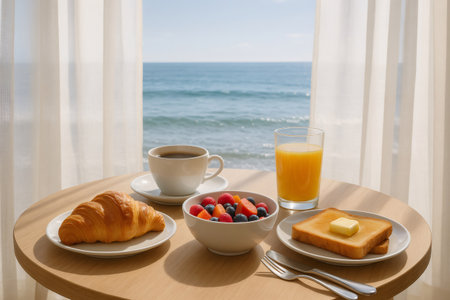 Continental breakfast served on a table in a hotel room overlooking the ocean, offering a luxurious and relaxing start to the dayの素材