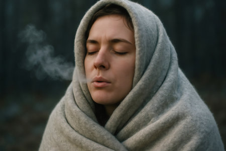 Young woman exhales warm air in a cold winter forest, finding comfort and warmth in a cozy blanketの素材
