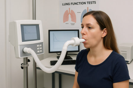 Patient performing spirometry test using medical equipment in a hospital room, measuring lung capacity and respiratory functionの素材
