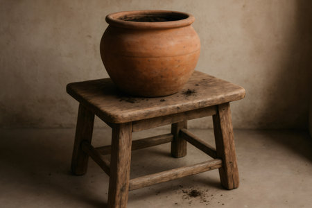 Clay pot filled with potting soil placed on a vintage wooden stool against a textured wall, creating a rustic, minimalist sceneの素材