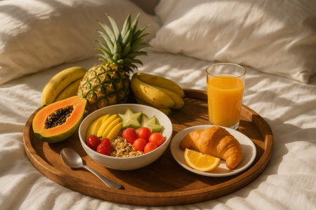 Delicious and healthy tropical breakfast with fresh fruit, croissant and juice resting on a wooden tray in bed, perfect for a relaxing morningの素材