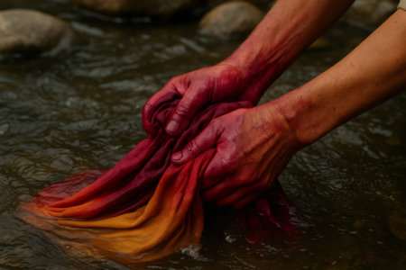 Artisan's hands dyeing fabric in a river, creating a vibrant and colorful textile with traditional methodsの素材