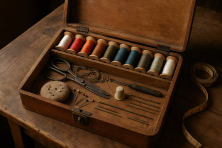 Open vintage wooden sewing box containing colorful spools of thread, needles, scissors, thimble, pincushion, and measuring tape, evoking a sense of nostalgia and craftsmanshipの素材