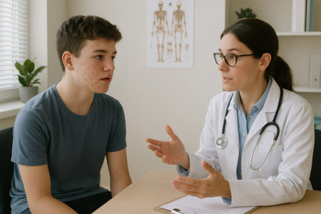 Doctor wearing lab coat and stethoscope discussing diagnosis with teenage patient in medical officeの素材
