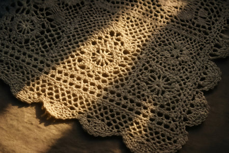 Close up of intricate crochet lace bathed in sunlight, showcasing delicate craftsmanship and vintage charmの素材