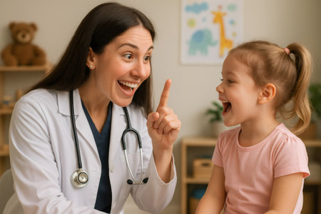 Pediatrician interacting playfully with young patient, creating positive experience during doctor visitの素材