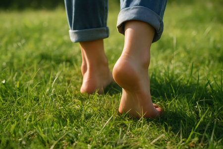 Woman practicing grounding by walking barefoot on grass, connecting with nature and enjoying outdoor wellnessの素材
