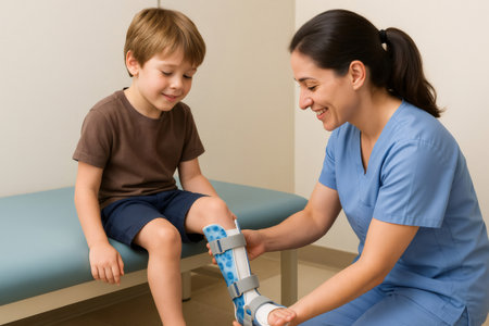 Female doctor assisting a young boy in fitting a leg brace within a medical office, focusing on recovery and support for his injuryの素材