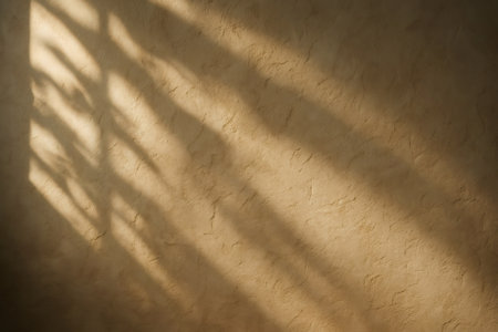 Sunlight is creating shadows of a window and a plant on a textured wall, perfect for backgrounds and design projectsの素材