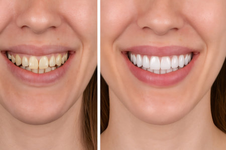 Close up of smiling woman before and after teeth whitening treatment, showing improvement in teeth color and overall oral hygieneの素材