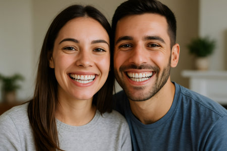 Young man and woman smiling brightly, showcasing their perfect teeth after completing dental braces treatment, radiating happiness and healthの素材