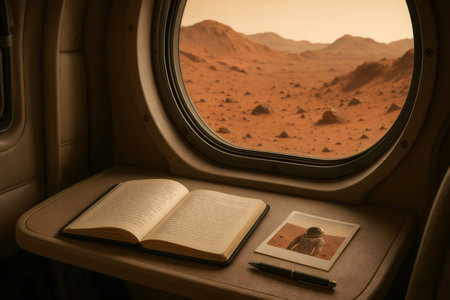 Open book, pen and an instant picture of an astronaut resting on a table inside a spaceship, while looking at the Martian landscape through the windowの素材