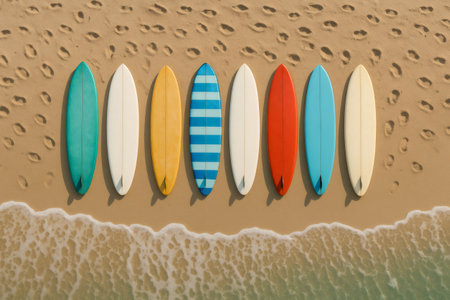Row of colorful surfboards lying on the beach with footprints on the sand and a small wave coming inの素材