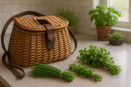 Bunches of chives and parsley are lying on kitchen counter near wicker basket, creating a cozy atmosphereの素材