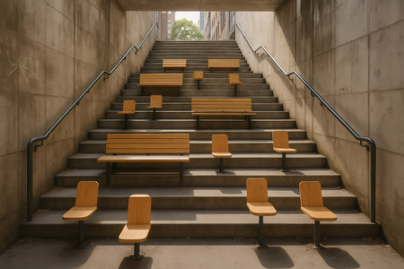 Benches and seats inviting pedestrians to rest on a concrete stairwell in a modern urban settingの素材