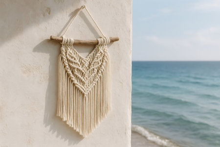 Handmade macrame wall hanging on a white wall with the sea in the background, creating a peaceful and relaxing atmosphereの素材