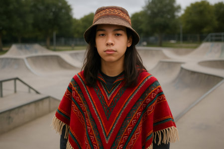 Portrait of confident young skater wearing traditional peruvian poncho and bucket hat standing in a skateparkの素材