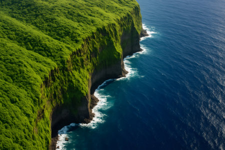 Stunning aerial view of vibrant green cliffs meeting the vast expanse of the deep blue ocean, creating a breathtaking contrast of nature's beautyの素材