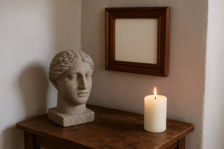 Sculpture bust, burning candle and empty frame resting on wooden table in a cozy home interior with copy spaceの素材
