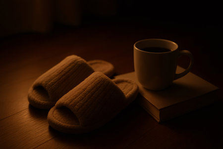Soft slippers, a warm cup of coffee, and a book create a cozy and inviting atmosphere for a relaxing evening at homeの素材