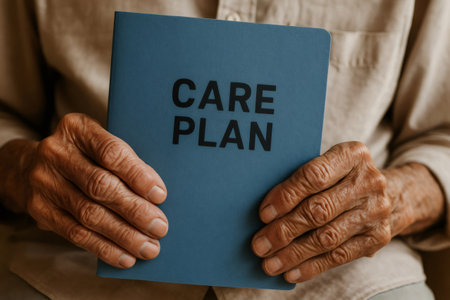 Close up of wrinkled hands holding a care plan, highlighting the importance of healthcare support and wellbeing in old ageの素材