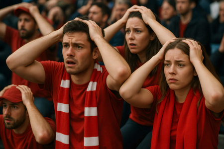 Group of supporters wearing red t shirts and scarfs showing disappointment while watching their team losing a football matchの素材