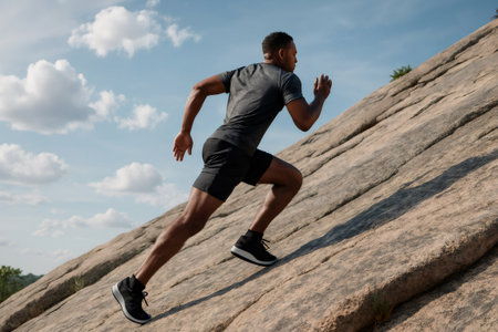 Young athletic man sprinting up a steep rocky incline, demonstrating strength and perseverance in outdoor fitness trainingの素材