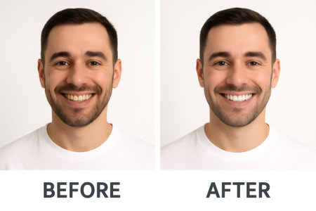 Man smiling before and after teeth whitening treatment, showing improvement in teeth color and overall dental aestheticsの素材