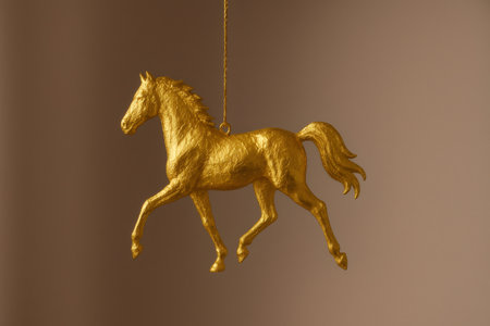 Studio shot of a golden horse ornament trotting, hanging from a gold string against a neutral background, representing luck, prosperity, and successの素材