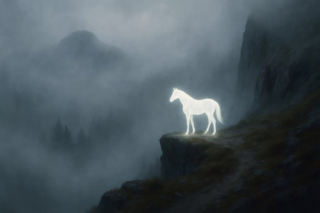 Surreal foggy landscape featuring a glowing white horse standing on a mountain cliff, creating a mystical and ethereal atmosphereの素材