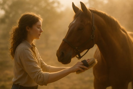 Peaceful scene of a young woman brushing her horse in a misty field at sunrise, showing a strong bond between human and animalの素材