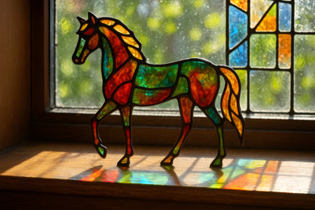 Sunlight shining through stained glass window and illuminating colorful horse figurine casting rainbow light on wooden windowsillの素材