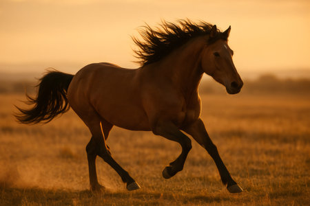 Wild brown stallion with a flowing mane galloping freely through a field at sunset, kicking up clouds of dust and embodying pure freedomの素材