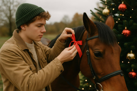 Young farmer tying a bright red ribbon onto the mane of a horse beside a beautifully decorated Christmas tree in a serene rural landscapeの素材