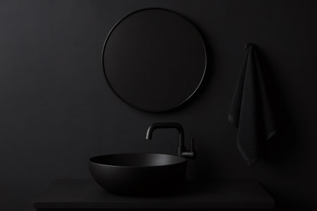 Stylish and elegant bathroom design featuring dark tones and minimalist elements, creating a sophisticated and moody atmosphereの素材