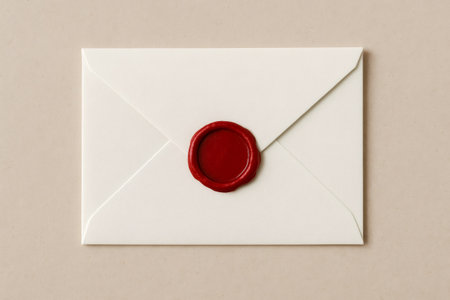 Closed white envelope sealed with red wax laying on a brown background, suggesting important communication or traditional mailingの素材