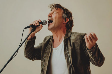 Middle aged male singer passionately performing live, holding a microphone connected to a standの素材