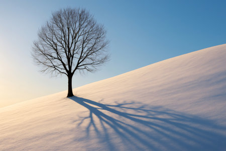 Long shadows stretching across a pristine snow covered hill at sunset, cast by a solitary bare tree, create a serene winter landscapeの素材