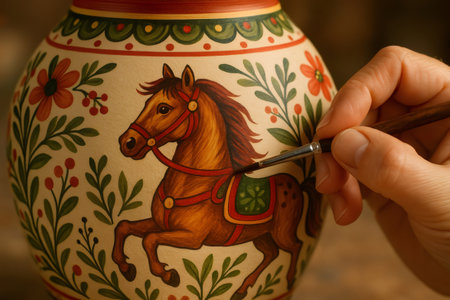 Hand of craftsman painting a brown horse and floral decorations with brush on a ceramic vase in workshopの素材