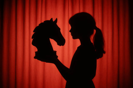 Silhouette of young girl holding a horse head chess piece against a red curtain, creating a dramatic and mysterious atmosphereの素材