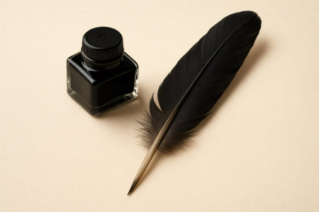 Quill pen and inkwell on parchment paper evoke historical writing, calligraphy, and literatureの素材