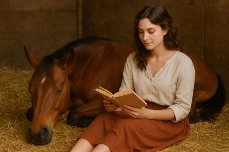 Peaceful scene of a young woman enjoying a book while sitting next to her resting horse in a stable, showcasing a tranquil connection between human and animalの素材